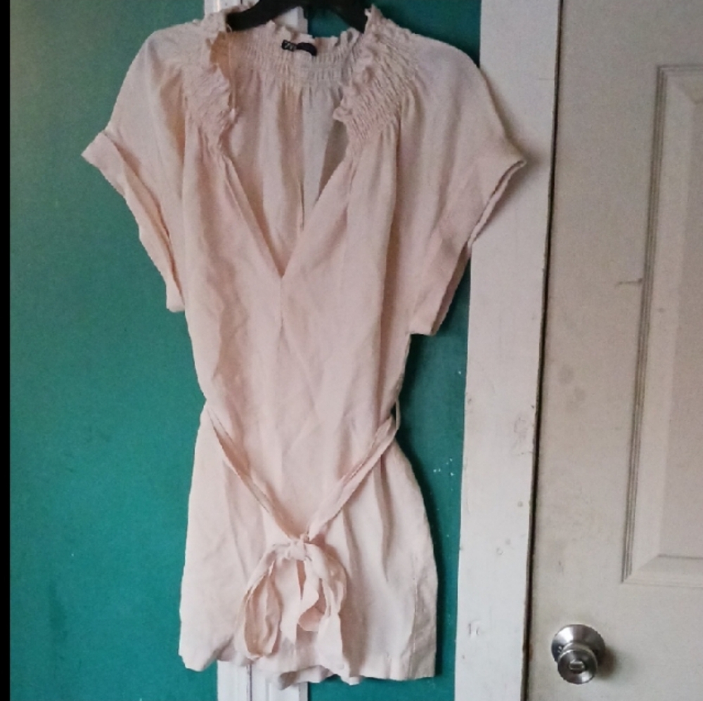 Zara Light Pink Short-Sleeve Romper with Waist Tie